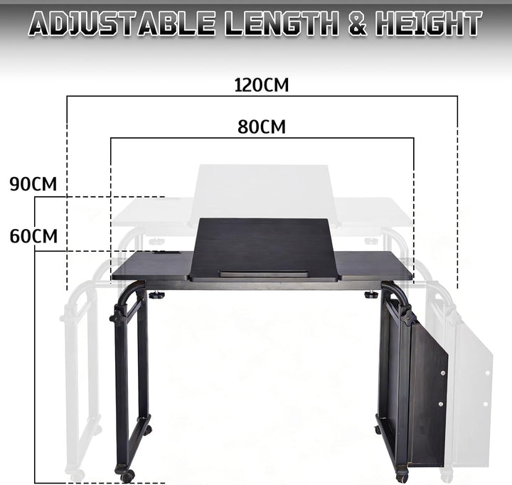 Überbetttisch mit Rollen, Pflegetisch Höhenverstellbar 60-90 cm, Breitenverstellbar 80-120 cm, mit n