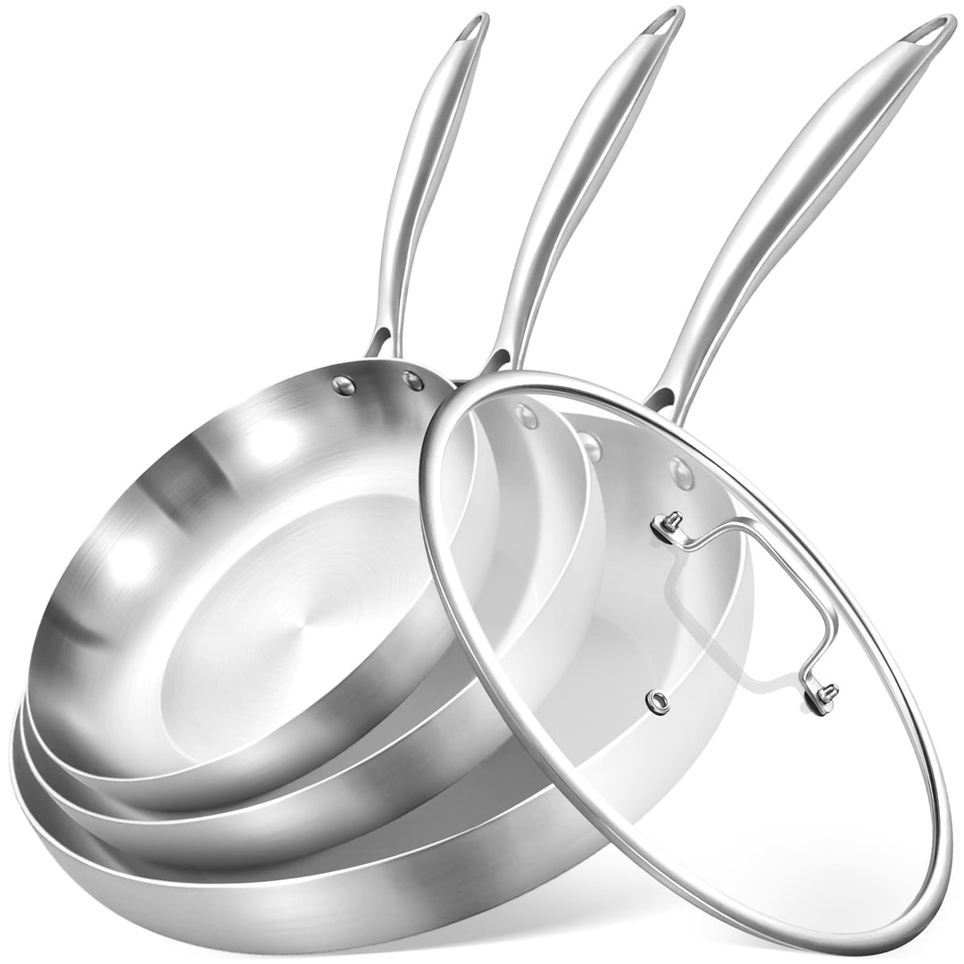 Inqibee Edelstahlpfanne Bratpfannenset 20/24/28 cm mit Deckel, Pfannenset Edelstahl Set Unbeschichte