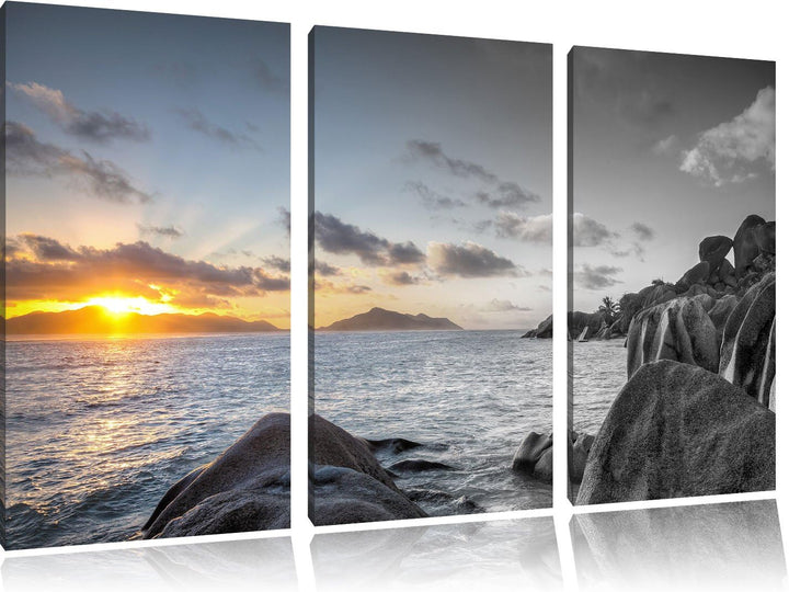Pixxprint Sonnenuntergang Seychellen als Leinwandbild | Grösse: 3 Teilig (120x80) | Wandbild| Kunstd