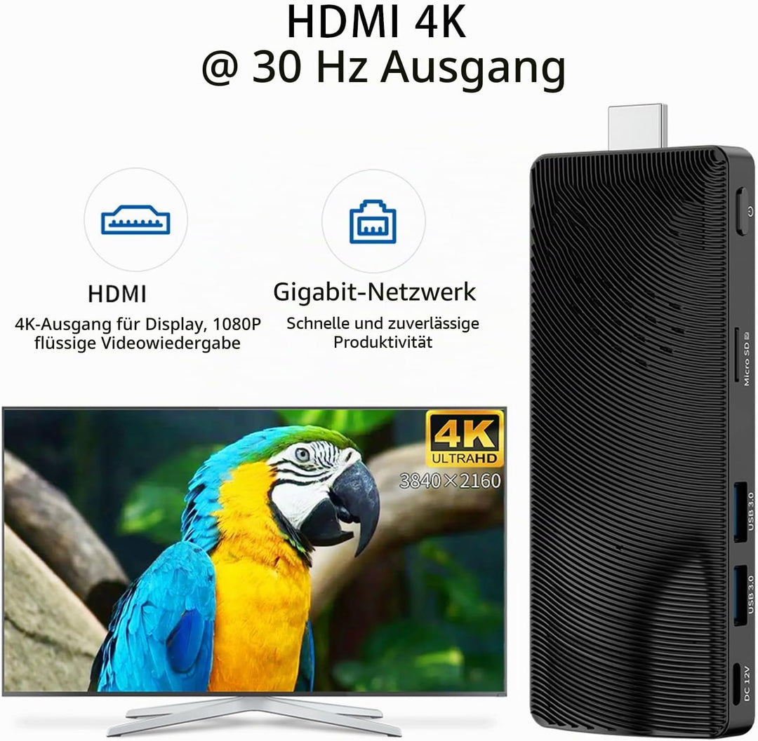 Fanless Mini PC Stick, Intel Celeron J3455 Quad-Core 1.5-2.3GHz, 4GB RAM 64GB eMMC, Dual Gigabit Eth