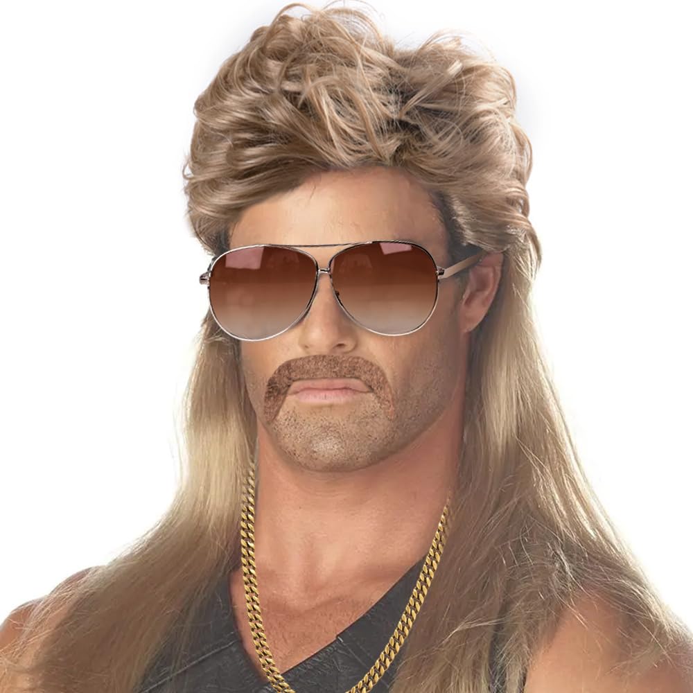 iZoeL Vokuhila Perücke 80er 90er Jahre Outfit Accessoires Herren - Blond Perücken Wig Sonnenbrille H