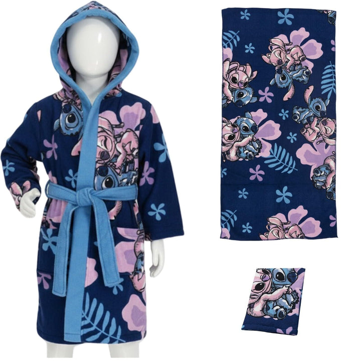 Disney Stitch & Angel Kinder 3-tlg. Bade-Set – Bademantel mit Kapuze & Gürtel + Handtuch + Waschhand