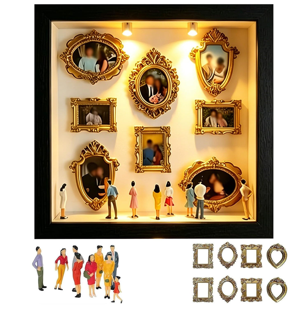 DIY Mini Museum Silhouette Box mit LED Licht, DIY Mini Museum Bilderrahmen mit 8 Mini Goldene Rahmen