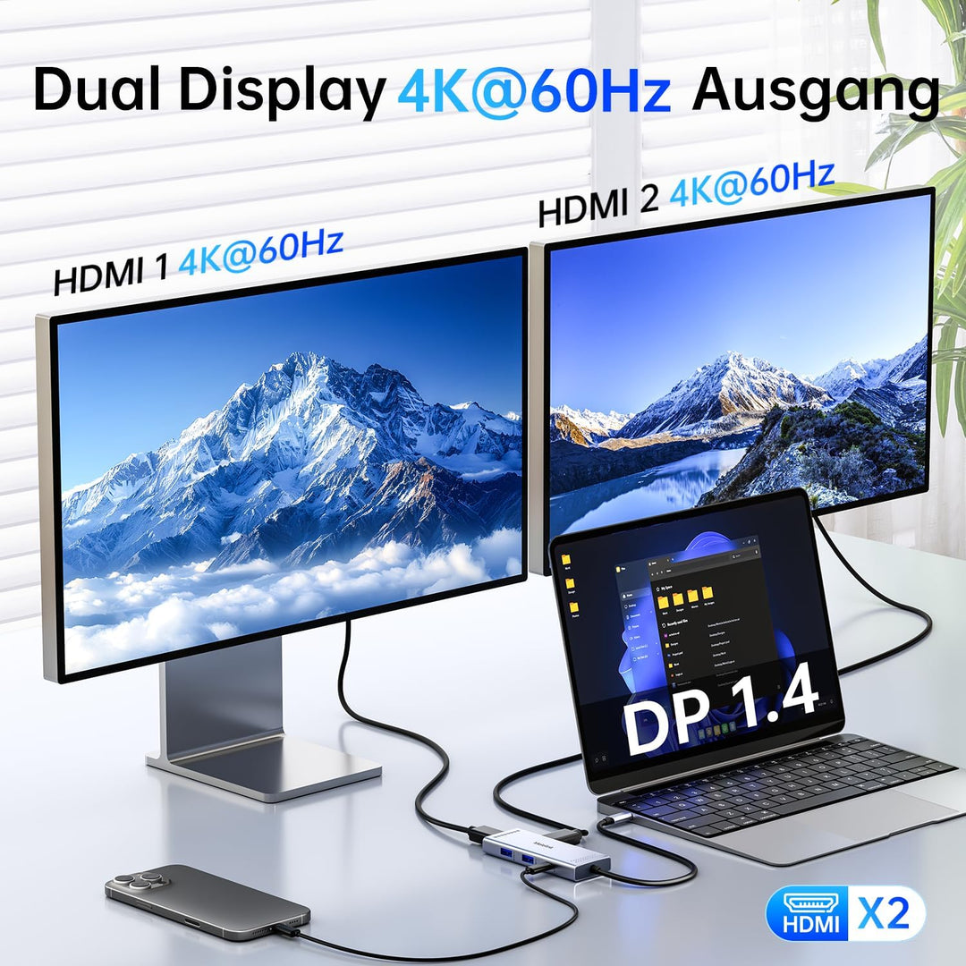 Docking Station USB C Hub Dual HDMI, Melelink USB-C auf 2 HDMI Adapter 4K @60Hz, 3*USB Ports, PD 100