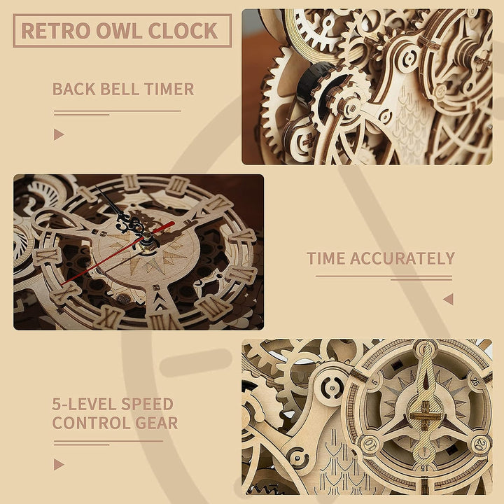 Robotime 3D Puzzle Holz Eule Uhr, Hölzerne Mechanische Modellbausatz für Erwachsene, Handwerk Holzba