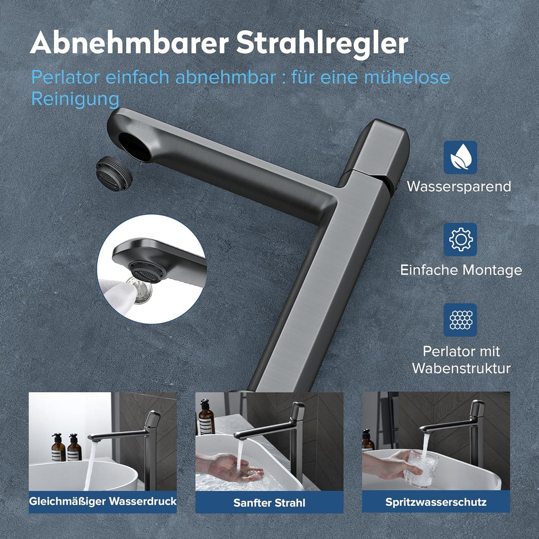 doporro Wasserhahn Bad Grau, Waschtischarmatur Hoch 236 mm Auslaufhöhe | Waschbecken Armaturen mit V