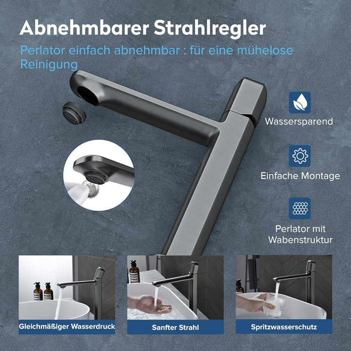 doporro Wasserhahn Bad Grau, Waschtischarmatur Hoch 236 mm Auslaufhöhe | Waschbecken Armaturen mit V