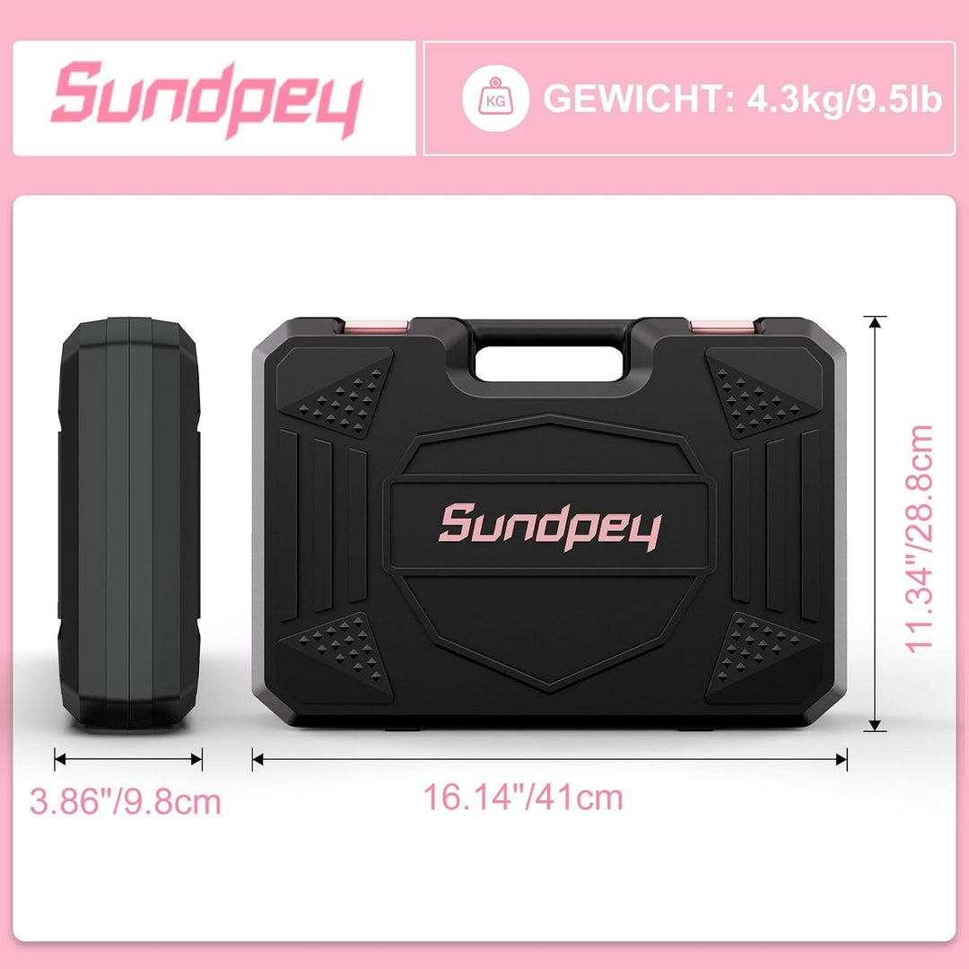 Sundpey Werkzeugkoffer Gefüllt 206tlg, 12V Akkuschrauber zum Anziehen/Lösen von Schrauben, Haushalts