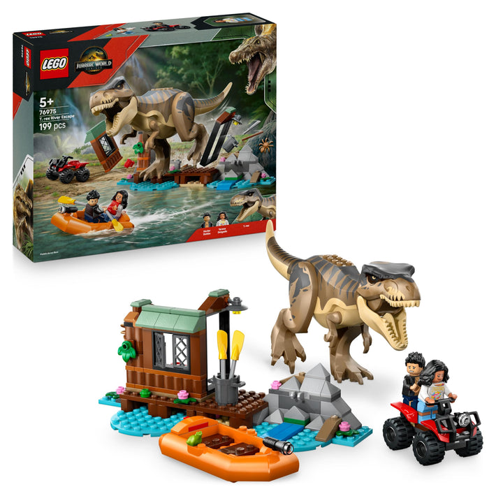 LEGO Jurassic World Flucht vor dem T.Rex – Interaktives Spielzeug mit Dinosaurier-Figur, Boot, ATV u