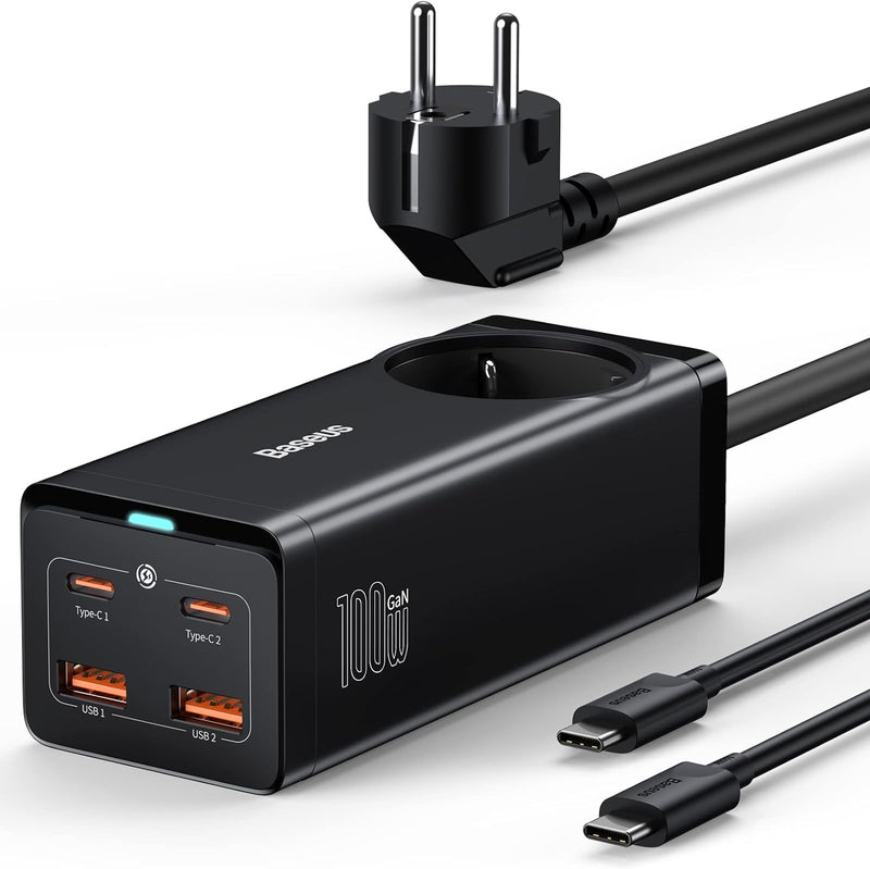 Baseus Ladegerät 100W, GaN3 PowerCombo On, USB C Netzteil PD Mehrfach Ladegerät mit 1 AC + 4 Port, G