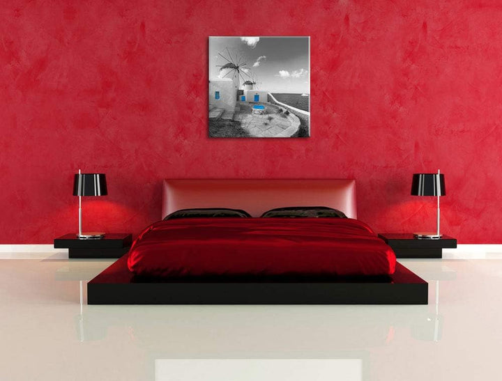 Pixxprint süsse Windmühlen im Mittelmeer schwarz/weiss, Format: 70x70 auf Leinwand, 70x70