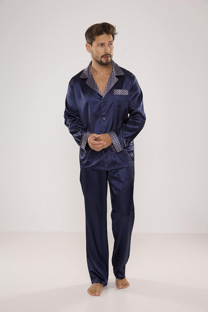 edler und hochwertiger Satin-Pyjama Herren-Schlafanzug Hausanzug, M Marine