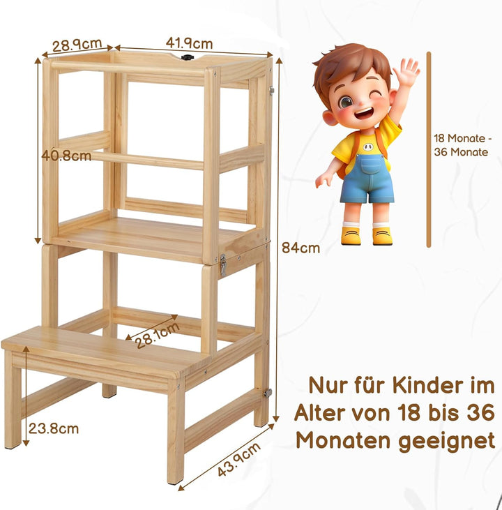 LEADZM Montessori Lernturm ab 18 Monaten - Lernstuhl für Kinder aus Massivholz, Klappbarer Lernturm,