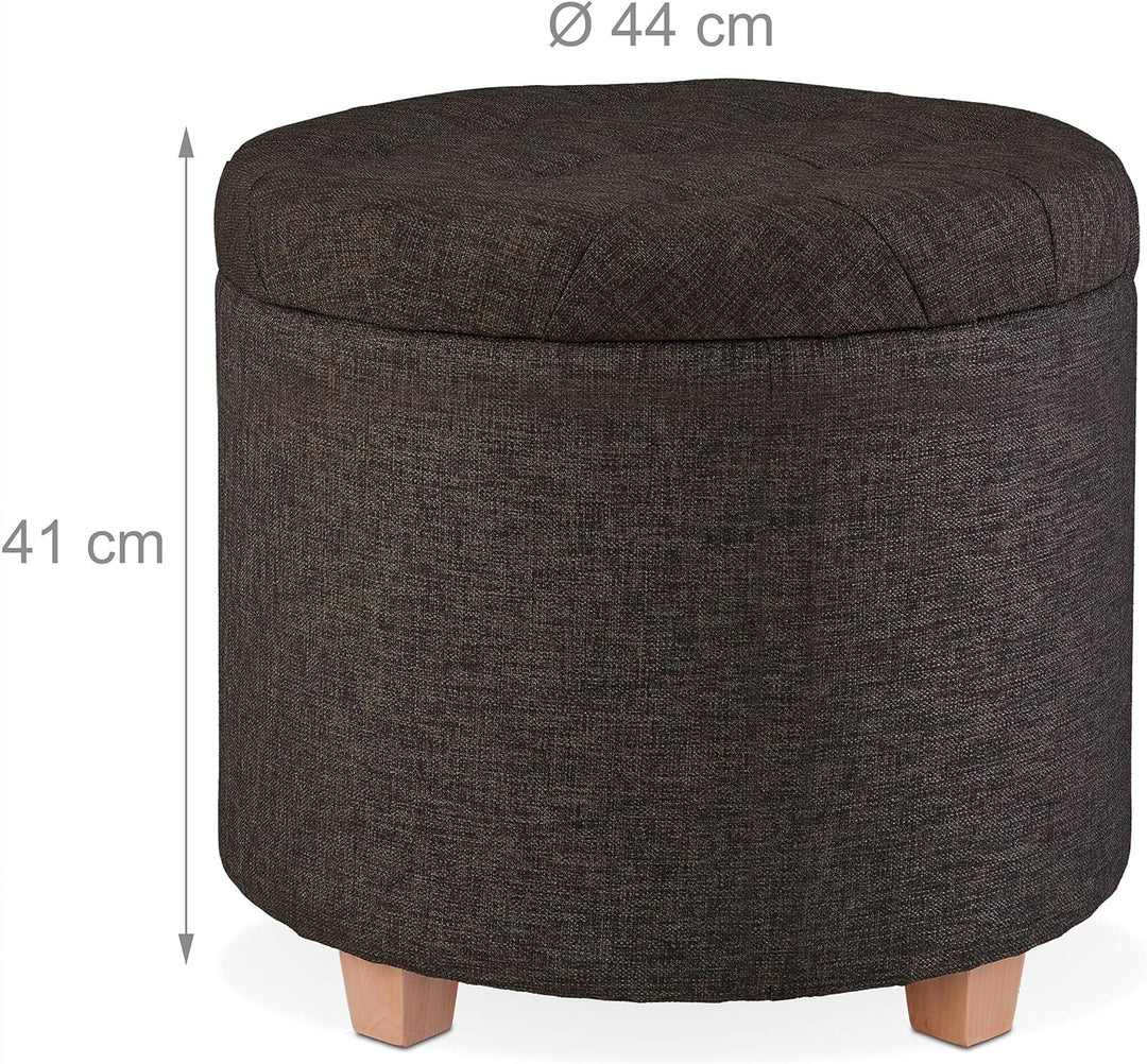 Relaxdays Sitzhocker mit Stauraum, gepolsterter Hocker rund, für Wohnzimmer, Leinen-Optik, H x D: 41