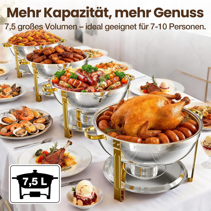 WARMOUNTS Chafing Dish 4er Set 7,5L Gold & Silber, Speisenwärmer Buffet Rund Edelstahl mit Glasdecke