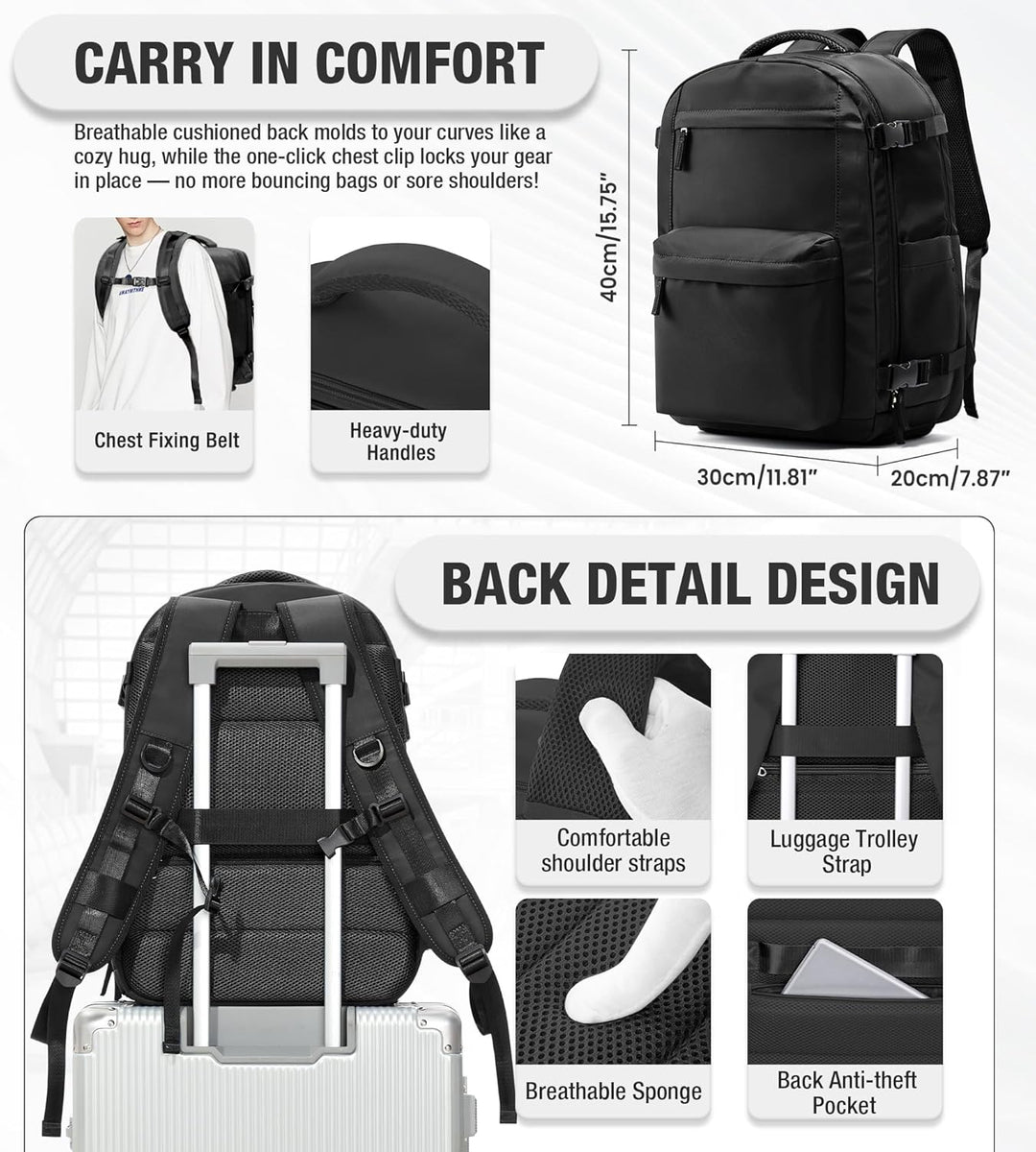 BOXSAM Vakuum Rucksack Handgepäck Flugzeug Tasche Airbag mit Vakuumsystem Reisen Tagesrucksack Ryana