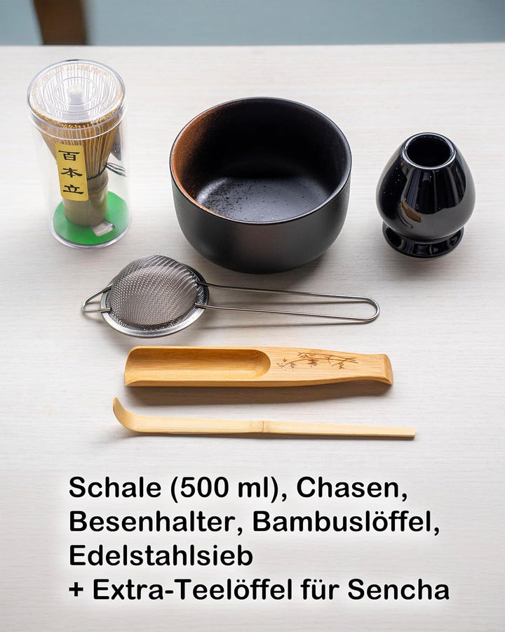 Traditionelles Matcha Set 5-teilig – Matcha-Schale 500ml, Bambusbesen, Besenhalter, Löffel & Sieb –