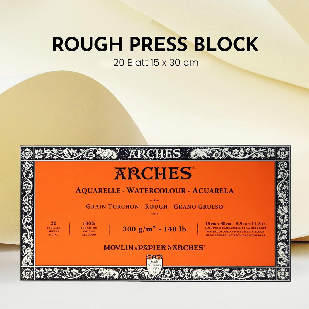 Arches 1795082 Aquarellpapier im Block (15 x 30 cm, 4-seitig geleimt, 300g/m² Grobkorn) 20 Blatt nat