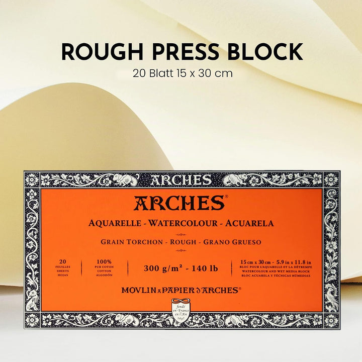 Arches 1795082 Aquarellpapier im Block (15 x 30 cm, 4-seitig geleimt, 300g/m² Grobkorn) 20 Blatt nat