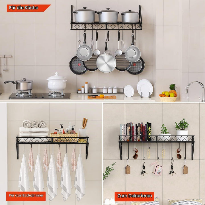 Bomclap Küchenregal Pfannenhalter, Eisen Küchenregal Hängend Topf-Rack mit 10 Haken, Küchenwand Rega