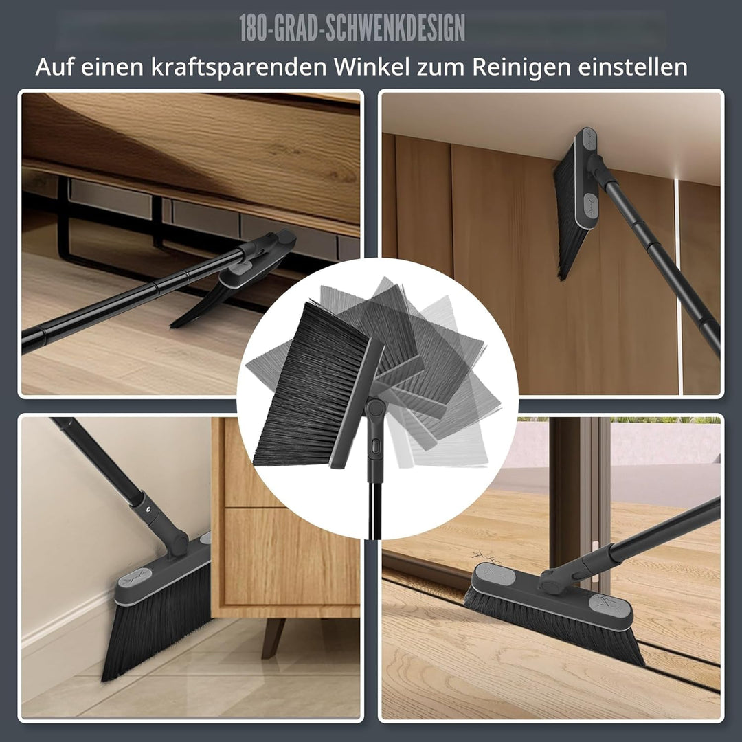 JEHONN Besen und Kehrschaufel Set mit Langem Stiel 138 cm, 180 Grad Drehbar Camping Kehrbesen Innen
