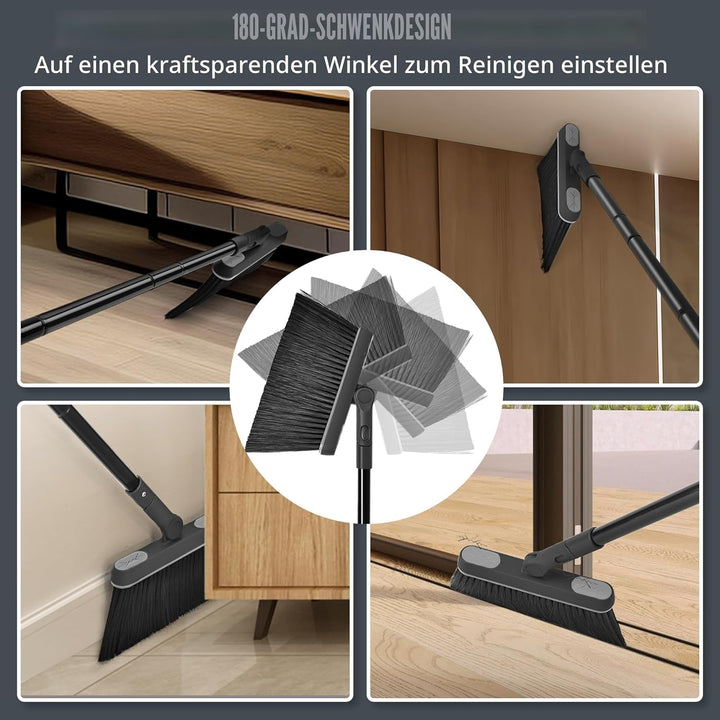 JEHONN Besen und Kehrschaufel Set mit Langem Stiel 138 cm, 180 Grad Drehbar Camping Kehrbesen Innen