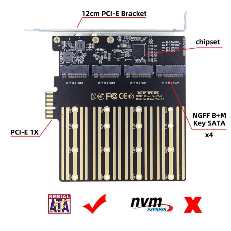 chenyang M.2 SSD auf PCI-E X1 Adapter 4 SATA NGFF SSD auf PCI-E X1 Erweiterungskartenadapter mit 12c