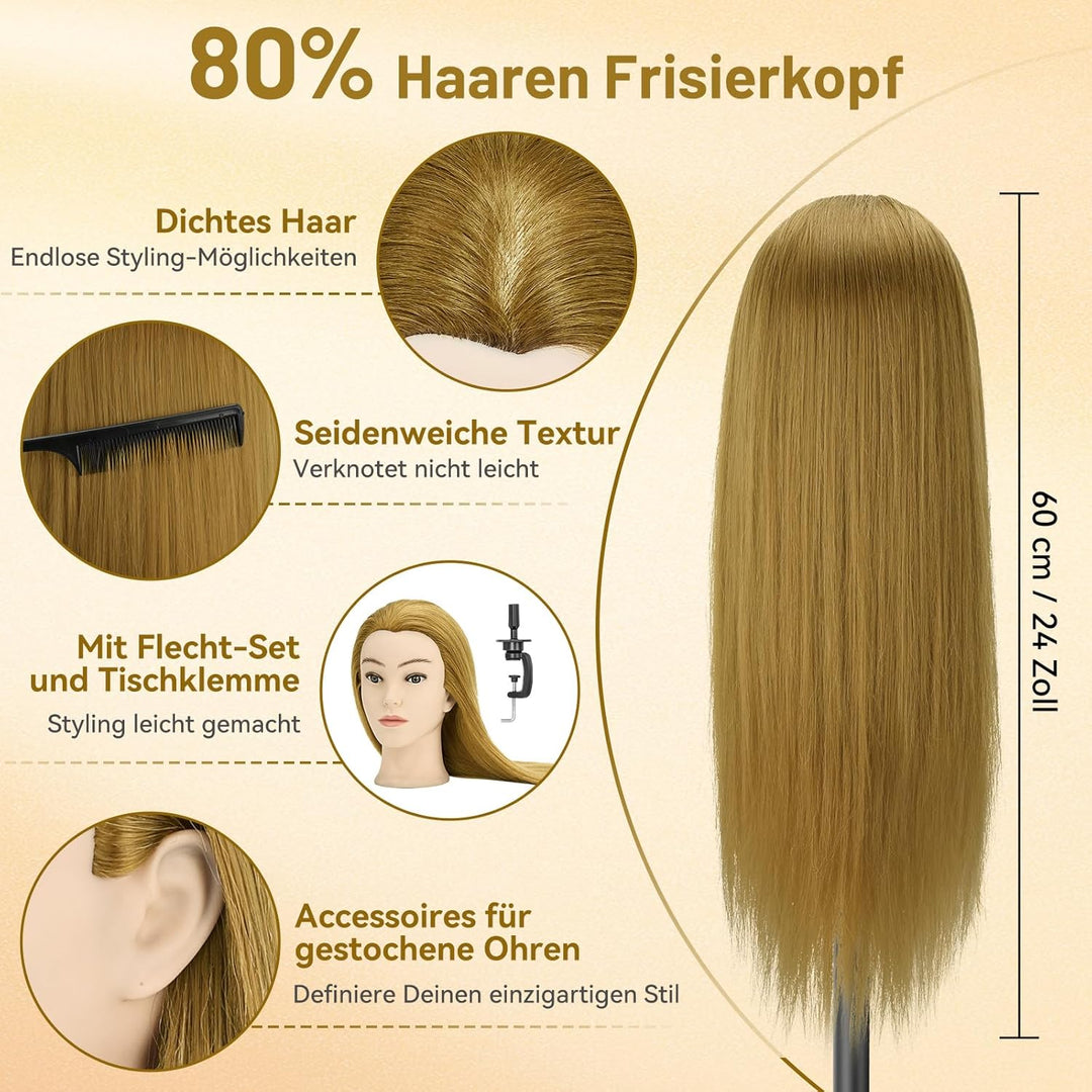 TwoWin Friseurkopf Echthaar mit Ohrlöchern, 60 cm (24 Zoll) 80% Haaren Mannequin Frisierkopf, Traini