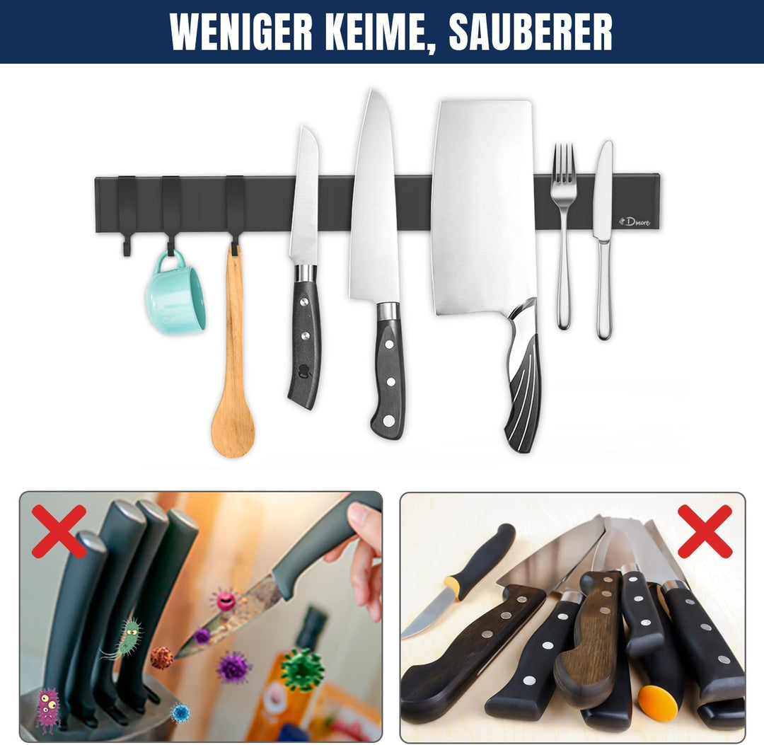 Dmore Magnetleiste Messer, 2. Generation Upgrade, mit 3 Haken, 40 cm Messerhalter magnetisch schwarz