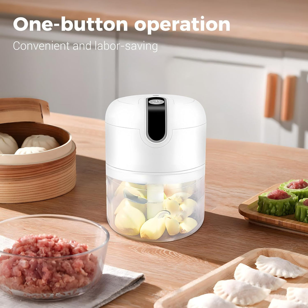 Zwiebel Zerkleinerer Elektrisch, 250ml Mini Zwiebelschneider Elektrisch Knoblauchschneider mit 3 Ede