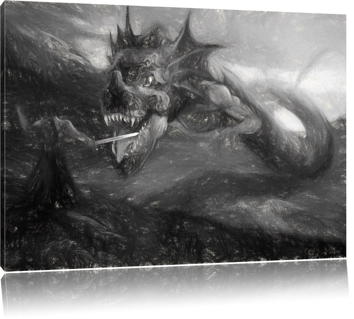 Pixxprint Drache kämpft gegen Krieger als Leinwandbild/Grösse: 100x70 cm/Wandbild/Kunstdruck/fertig