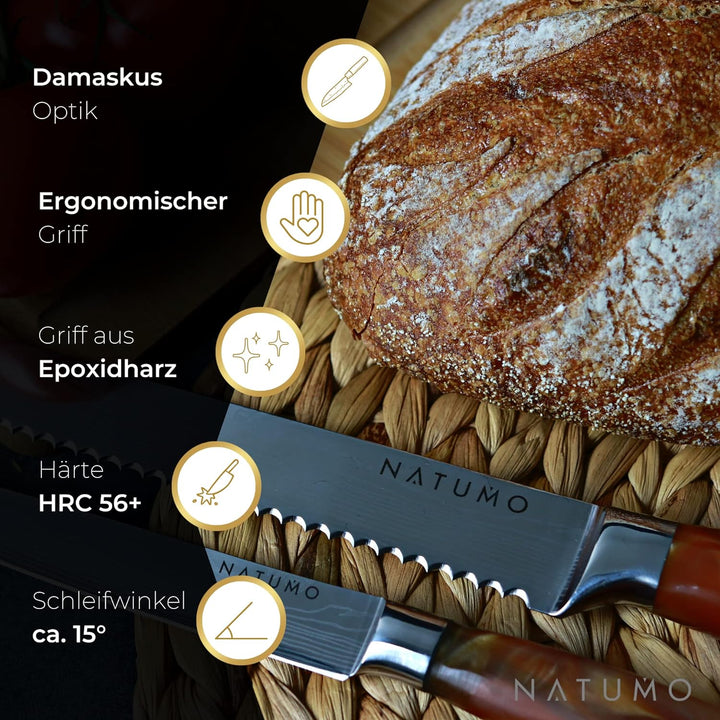 NATUMO Küchenmesser Set 9-teilig. HRC 56+ scharfes Messerset Profi in Damast-Optik aus Allzweckmesse