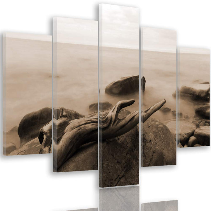 Feeby Bilder Landschaft 100x70 cm - Leinwandbild - 5 Teilig - Kunstdruck Meer braun Leinwandbild 100