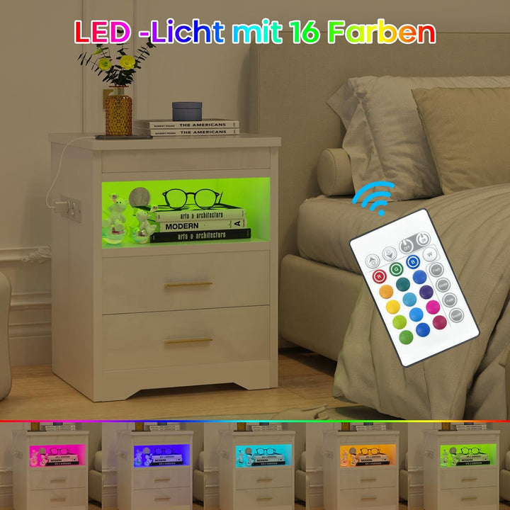 PIPIPOXER LED Nachttisch mit Steckdose, Nachttisch in Weiss mit grossen Stauraum, Nachtschrank Led L