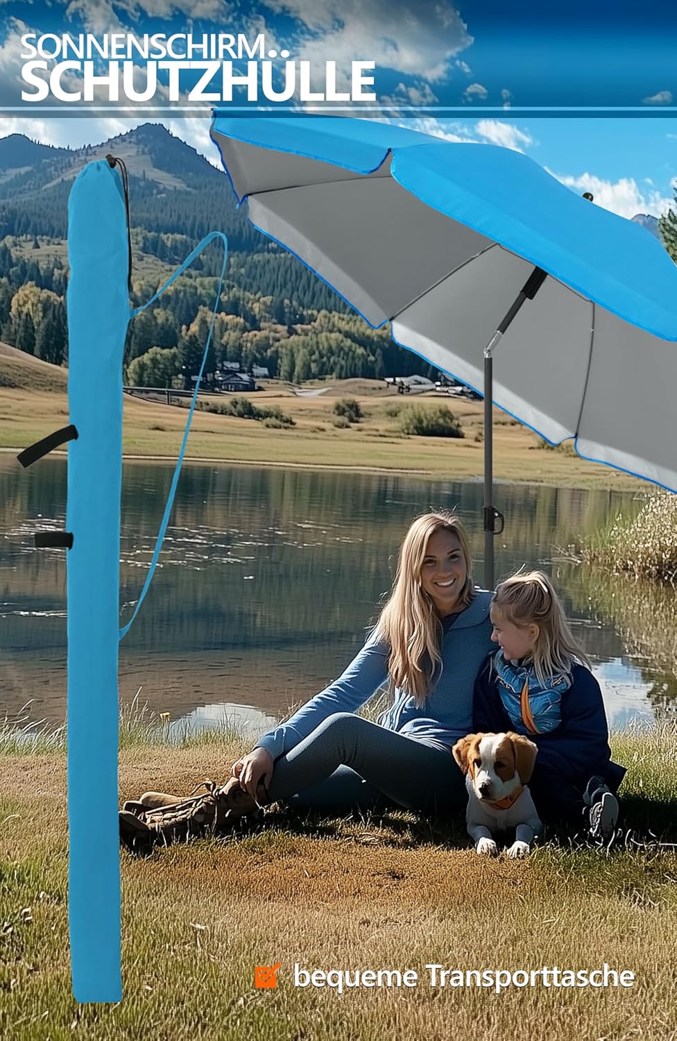 4smile Sonnenschirm Strand SunnyJoy Ø 180 cm, 3-IN-1 Set - UPF 50+ Strandschirm + Sonnenschirm Schut