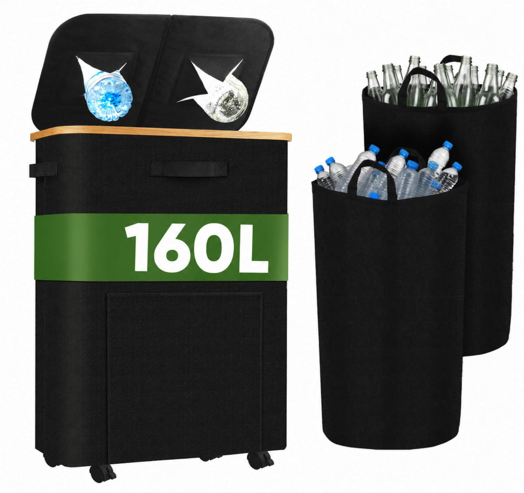 160L Leergut Sammelbehälter mit 2 Fächer, Pfandflaschen Sammelbehälter mit Rollen, Pfandbehälter mit