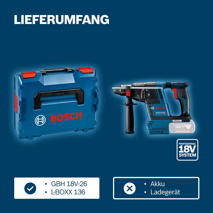 Bosch Professional 18V System Akku Bohrhammer GBH 18V-26 (SDS Plus, Schlagenergie: 2,6 Joule, Bohr-Ø
