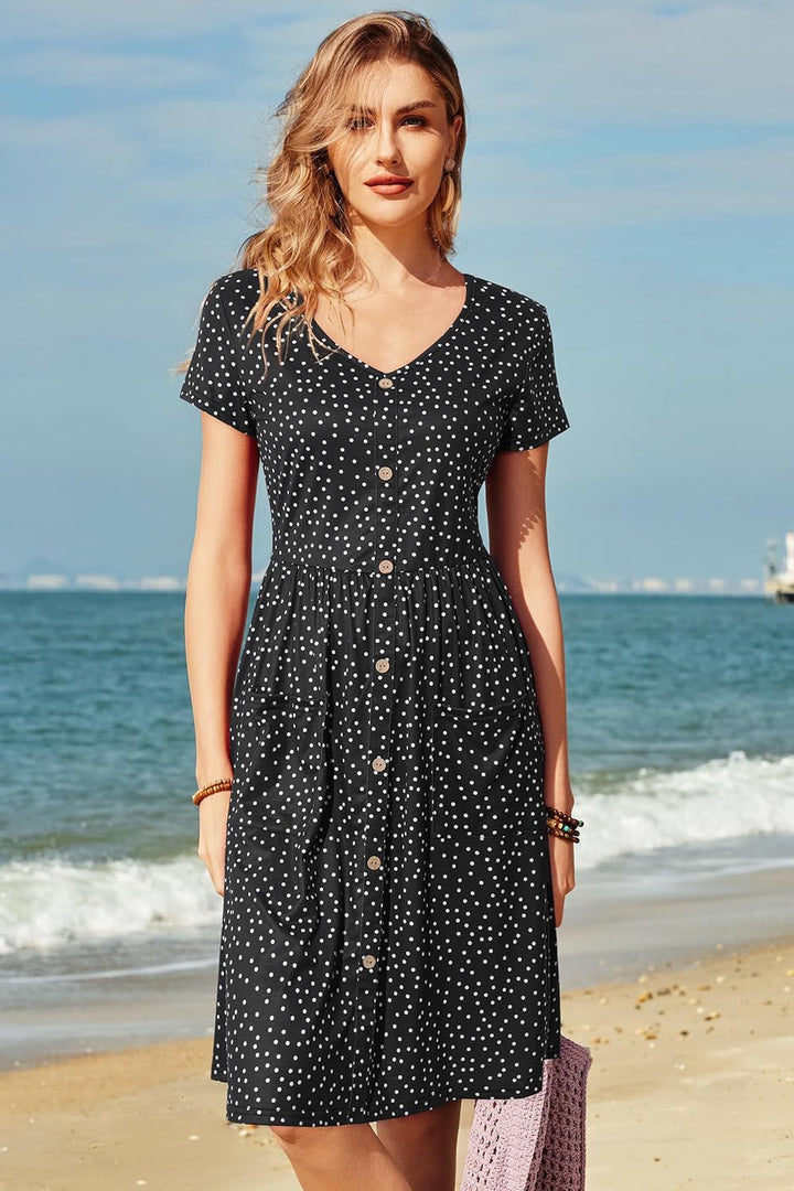 OUGES Sommerkleid Damen Casual Kleid V-Ausschnitt Midi Kleider Knopfleiste Freizeitkleid mit Taschen