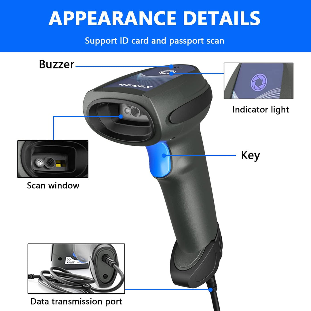 LENVII Handheld 2D QR Barcode Scanner,Kabelgebundener 1D-CCD-Barcode-Leser, unterstützt das Scannen