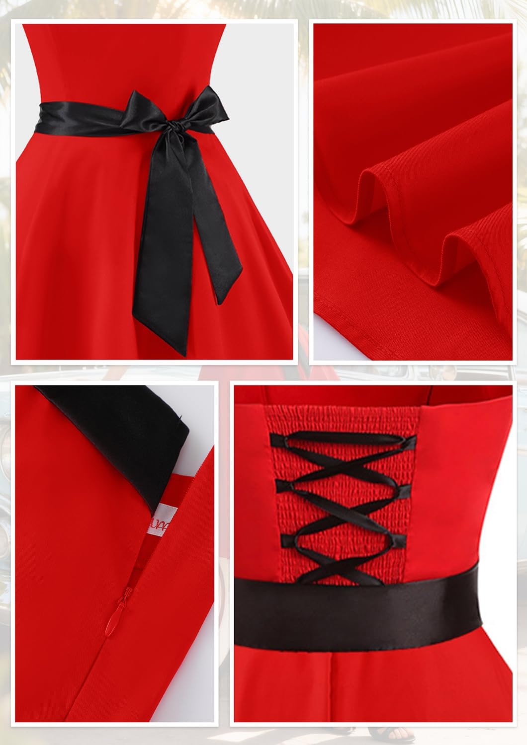 Damen Vintage Cocktailkleid Knielang Neckholder Swing Retro Rockabilly Kleid A-rot XXL, A-rot XXL