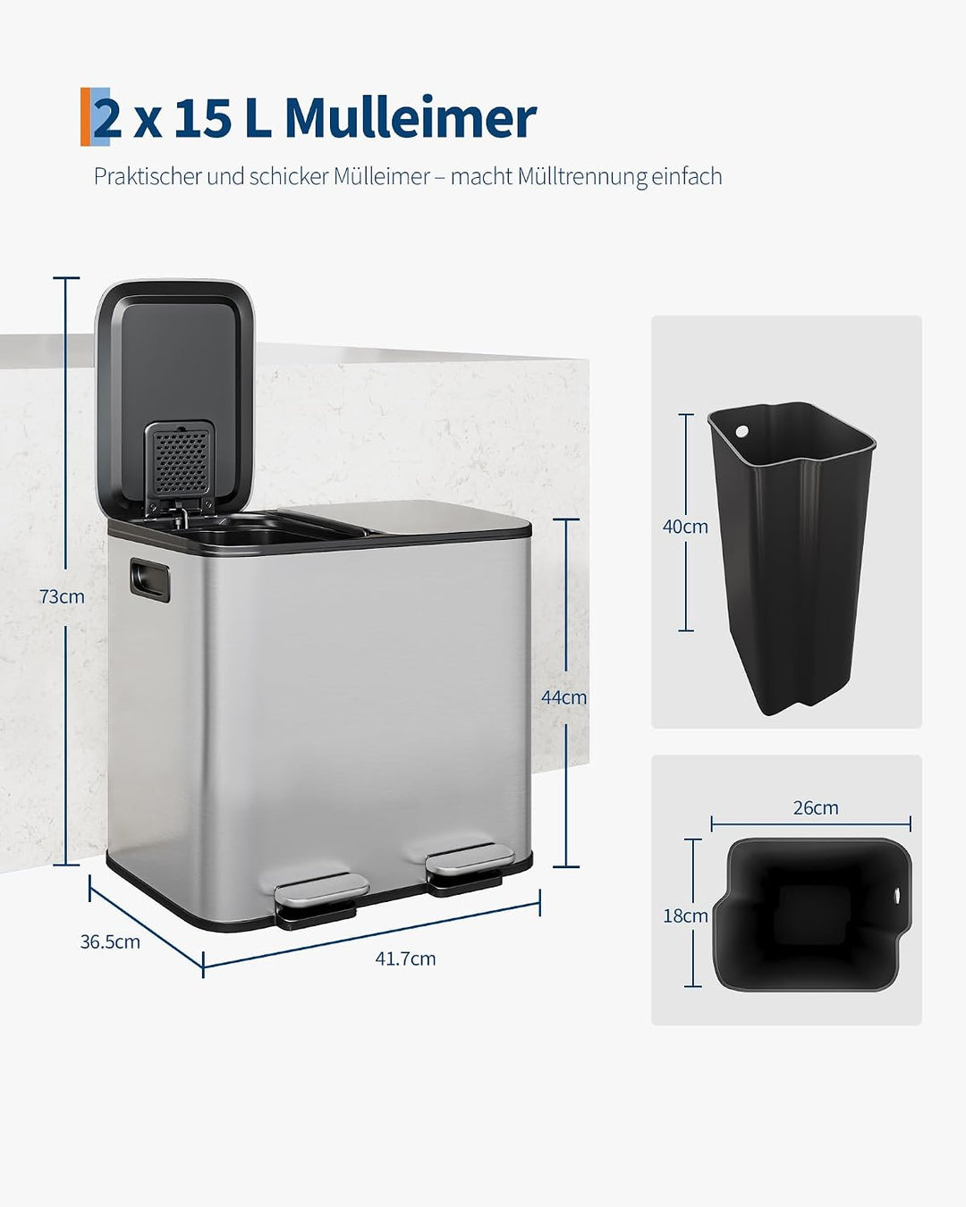 Mülleimer Küche 2 x 15 L aus Edelstahl, 2 Fächer Treteimer mit Softclose-Deckel, Abfalleimer mit Rut