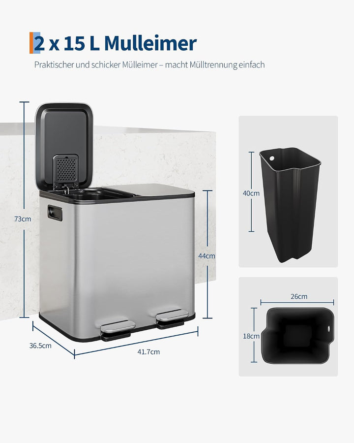 Mülleimer Küche 2 x 15 L aus Edelstahl, 2 Fächer Treteimer mit Softclose-Deckel, Abfalleimer mit Rut