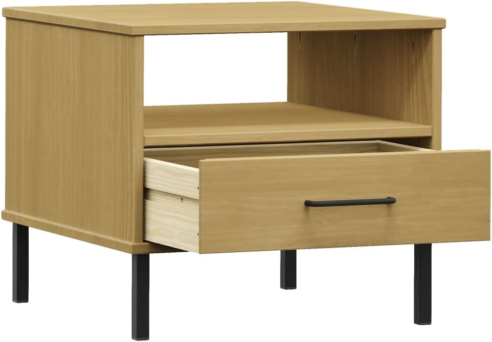 FIRBNUS Nachttisch Oslo mit Metallbeinen Braun Massivholz Kiefer Beistelltisch Holz Beistelltisch mi