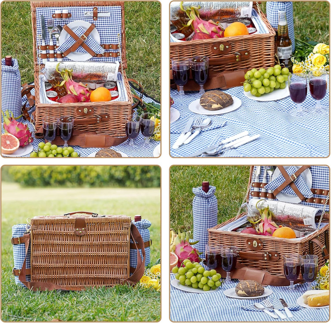 Picknickkorb für 4, isolierte Weiden-Picknickkörbe mit Schultergurt, Picknickkorb mit wasserdichter