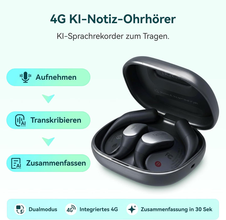 TicNote Pods Wearable KI-Sprachrekorder, 4G integriert kein Smartphone nötig – Sprachaktiviertes Auf