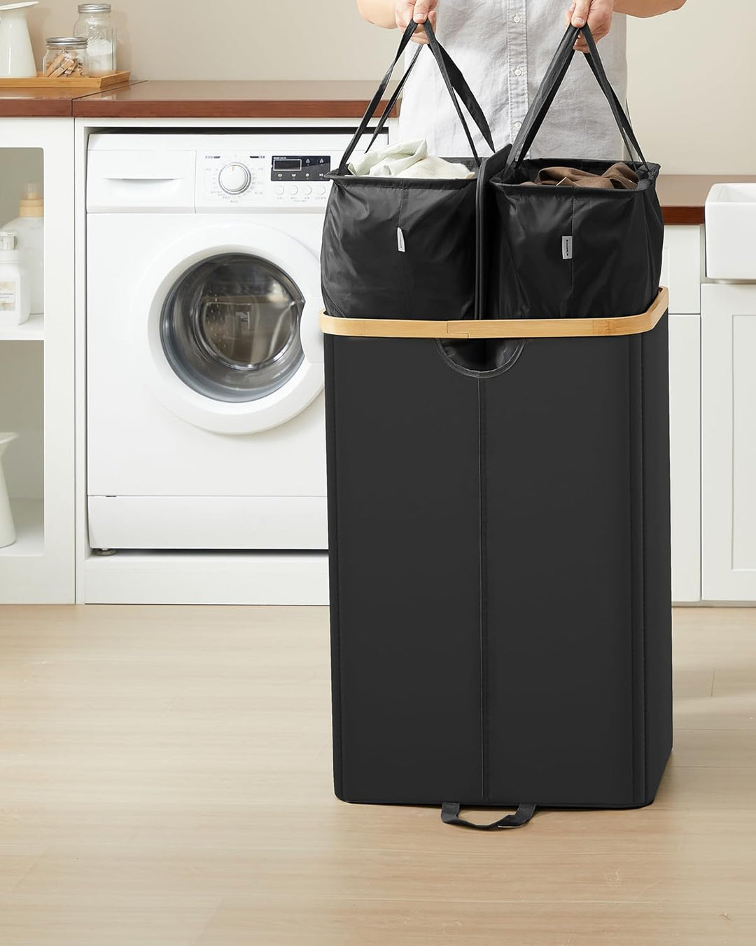 SONGMICS Wäschekorb 2 Fächer, Wäschesammler, 150 Liter, Wäschesortierer mit Deckel, Wäschetonne, Wäs