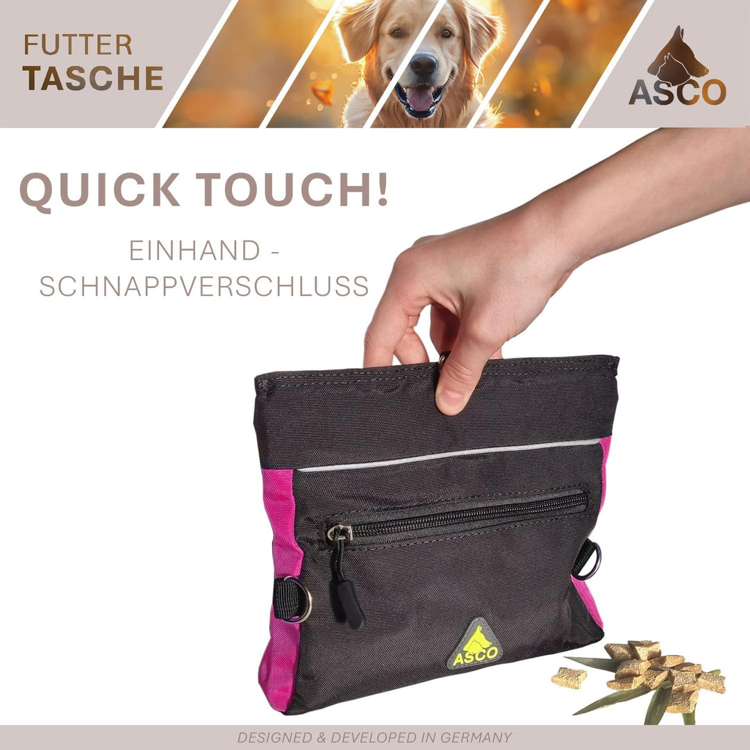 ASCO Futterbeutel, Leckerlibeutel für Hunde, Pferde mit Einhand-Schnappverschluss, 20x20cm, Premium