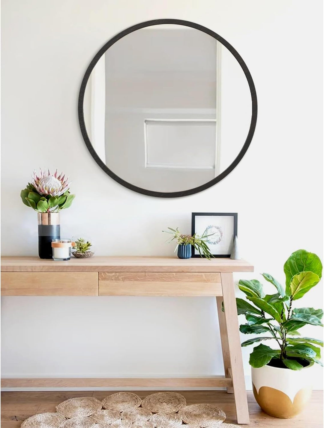 JJUUYOU Spiegel mit Holzrahmen, kreisförmig, Wandmontage, für Badezimmer, Schlafzimmer, Wohnzimmer,