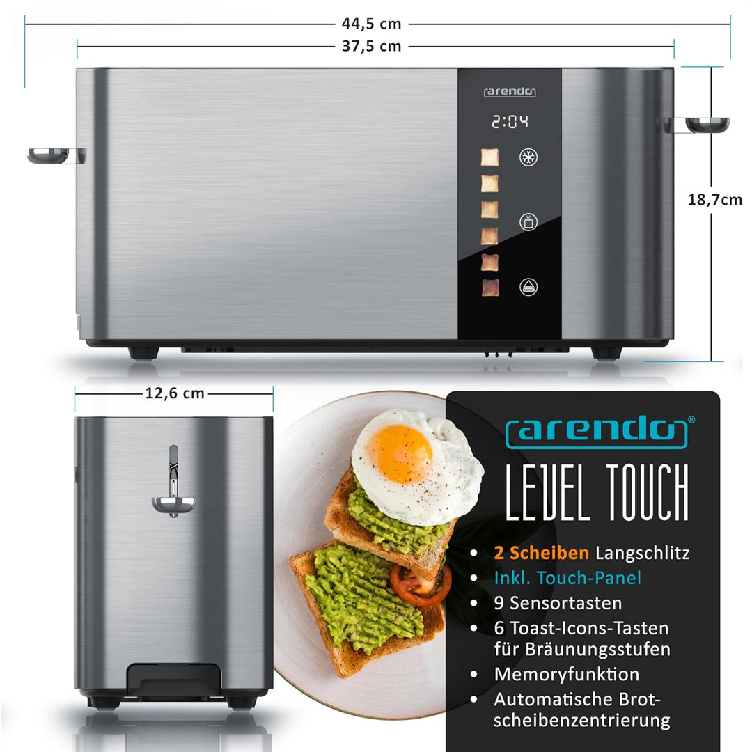Arendo - Edelstahl Toaster 2 Scheiben Langschlitz - Touchscreen – Doppelwandgehäuse – Integrierter B