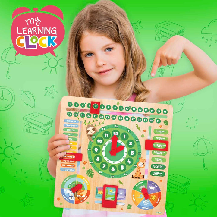 CRAZE My Learning Clock Animals ENGLISCHE SPRACHE - Lernuhr Kinder Holz, Kalenderuhr zum Lernen für
